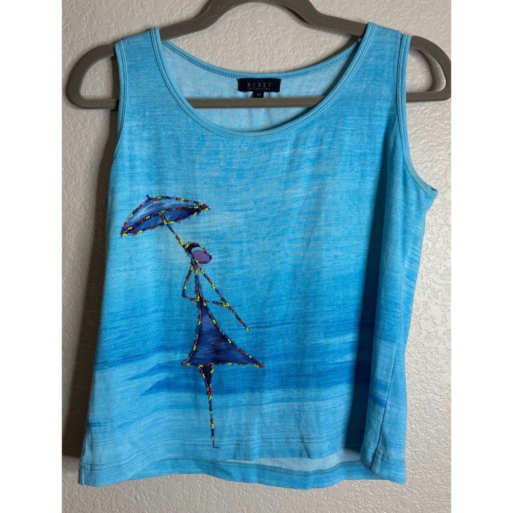 Nikky Womens M Blue Tank Top Beaded Girl Umbrella Art Graphic Sleeveless‎ Beach